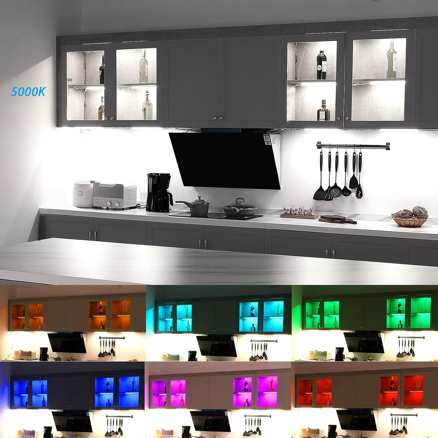 Litever RGB+Daylight 5000K 6-Light-Bar Under Cabinet Light Kits Extra Adapter Extra Controller