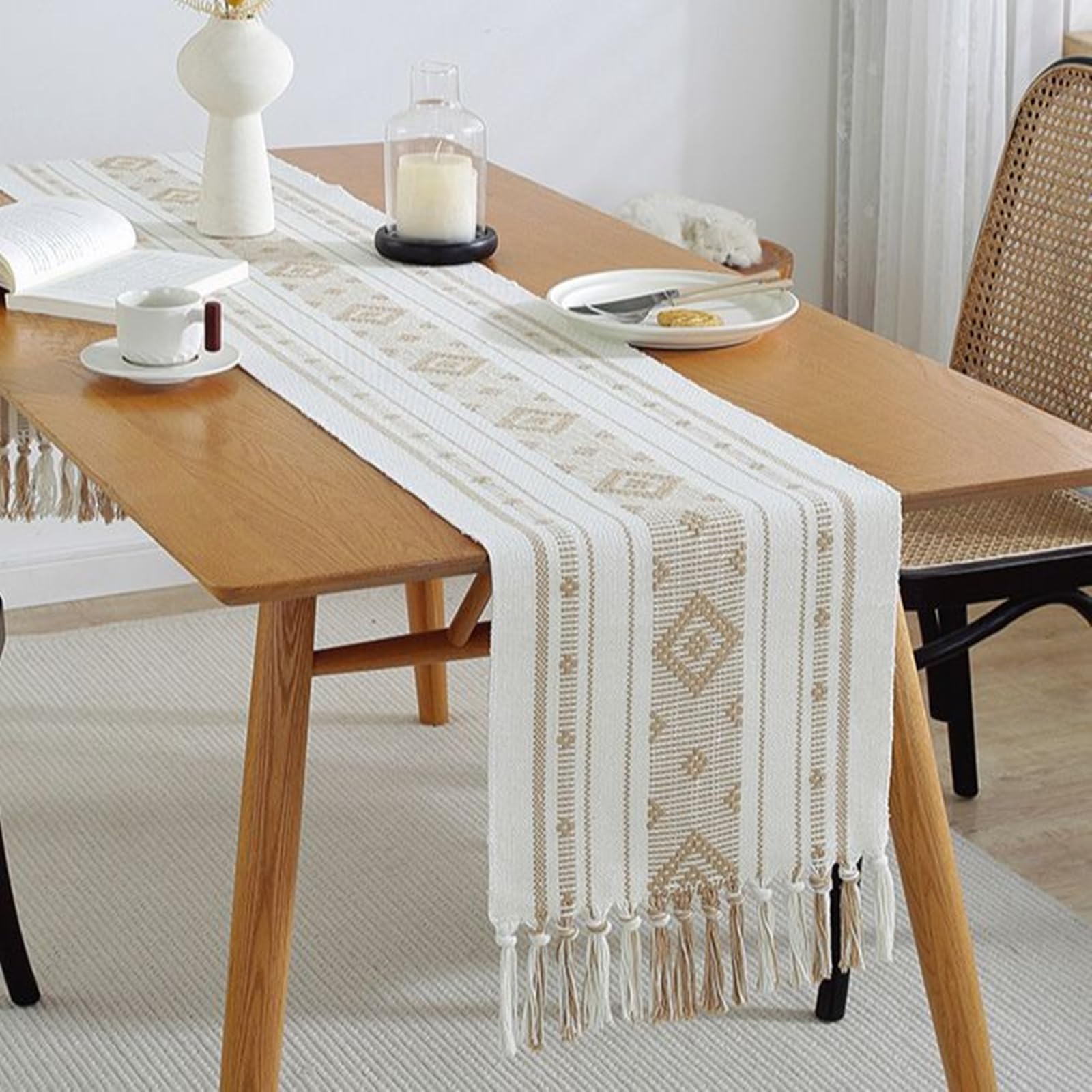 Tischläufer Hochzeit Polyester, Tischläufer Wohnzimmer 35x240 cm, Zweifarbig Jacquard mit Quasten