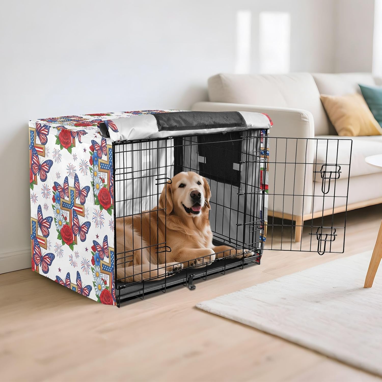 Duty 600D Silver Coated Dog Crate Cover, Water-Resistant Butterfly Pet Kennel Canopy with Mesh Windows for Optimal Ventilation, Universal Fit for Standard Wire Cage, Indoor & Travel
