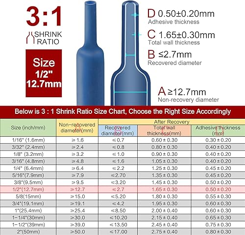 Miniatura 3 de Chanzon Relación 31  Rollo de 80 pies  Tubo termorretráctil de 12 pulgada (0.500 in)  Grado marino impermeable con adhesivo forrado  (longitud total