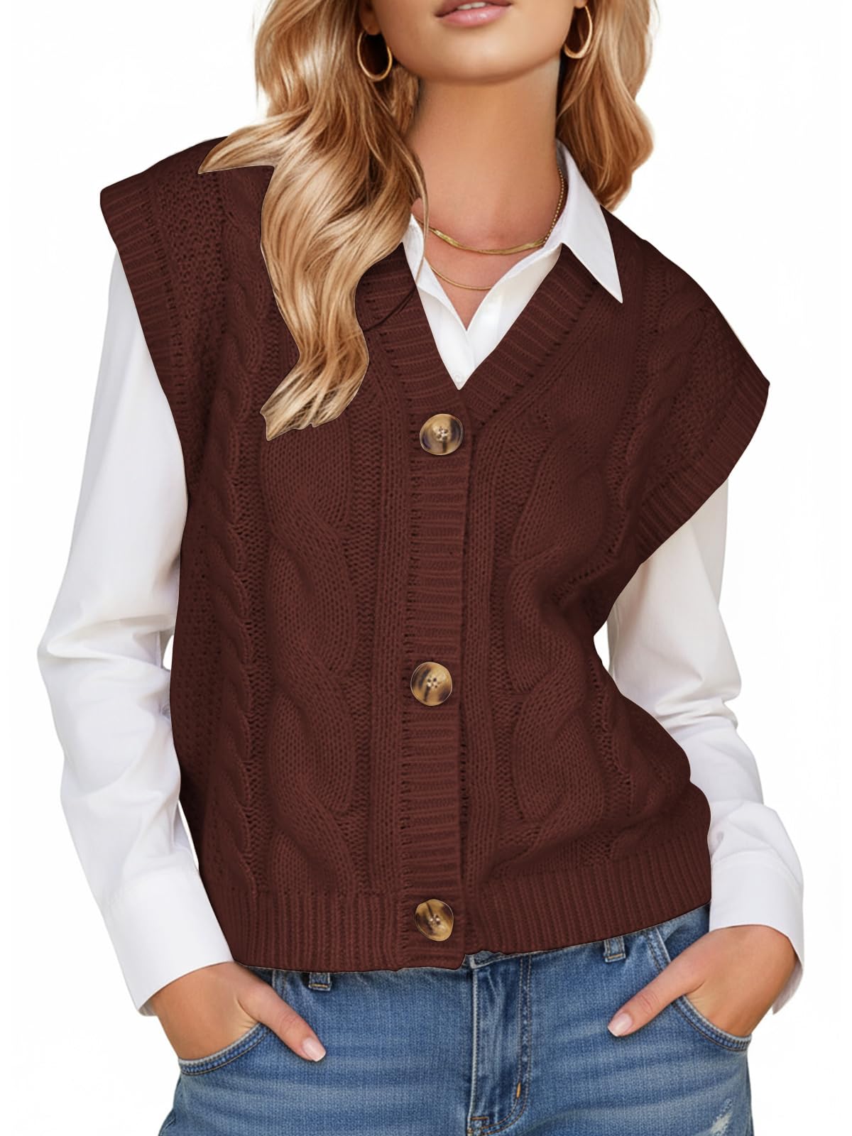 EXLURA Womens Fall Fashion Sweaters Vest Tops Sleeveless Button Down V Neck Chunky Cable Knit Cardigan Trendy Outfits