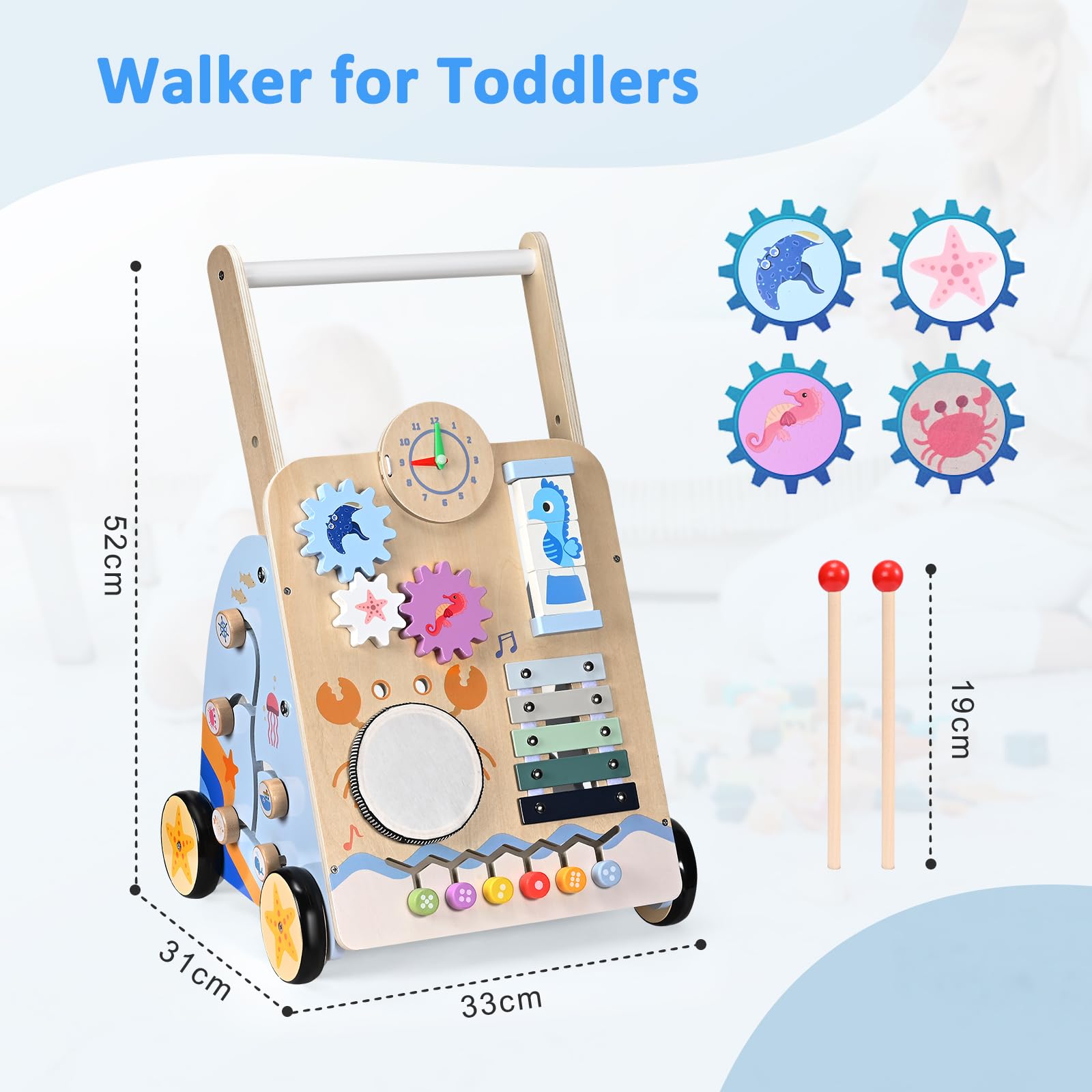 Girello per Bambini di Legno, 8 in 1 Carrello Bambini con I Mattoncini, Girello Neonato 6-12 Mesi, Carrello Primi Passi Legno Montessori, Adatto per Regali di Prima Educazione