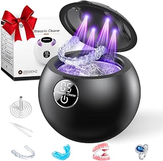 Ultrasonic Retainer Cleaner Machine,45kHz Ultrasonic Cleaner,360°Cleaning for Dentures,Aligner,Mouth Guard,Jewelry,Braces,Toothbrush Heads with 200 ML Dental Cleaning Pod, 3 Modes,Black