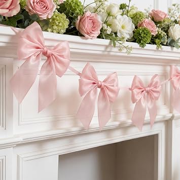 2-String 6.5ft Pink Bows Garland Banner, 16 Pcs Pre-Strung Bow Party Decorations for Coquette Birthday, Bachelorette Party, Girly Pink Party Supplies, Baby Shower, Bridal Shower