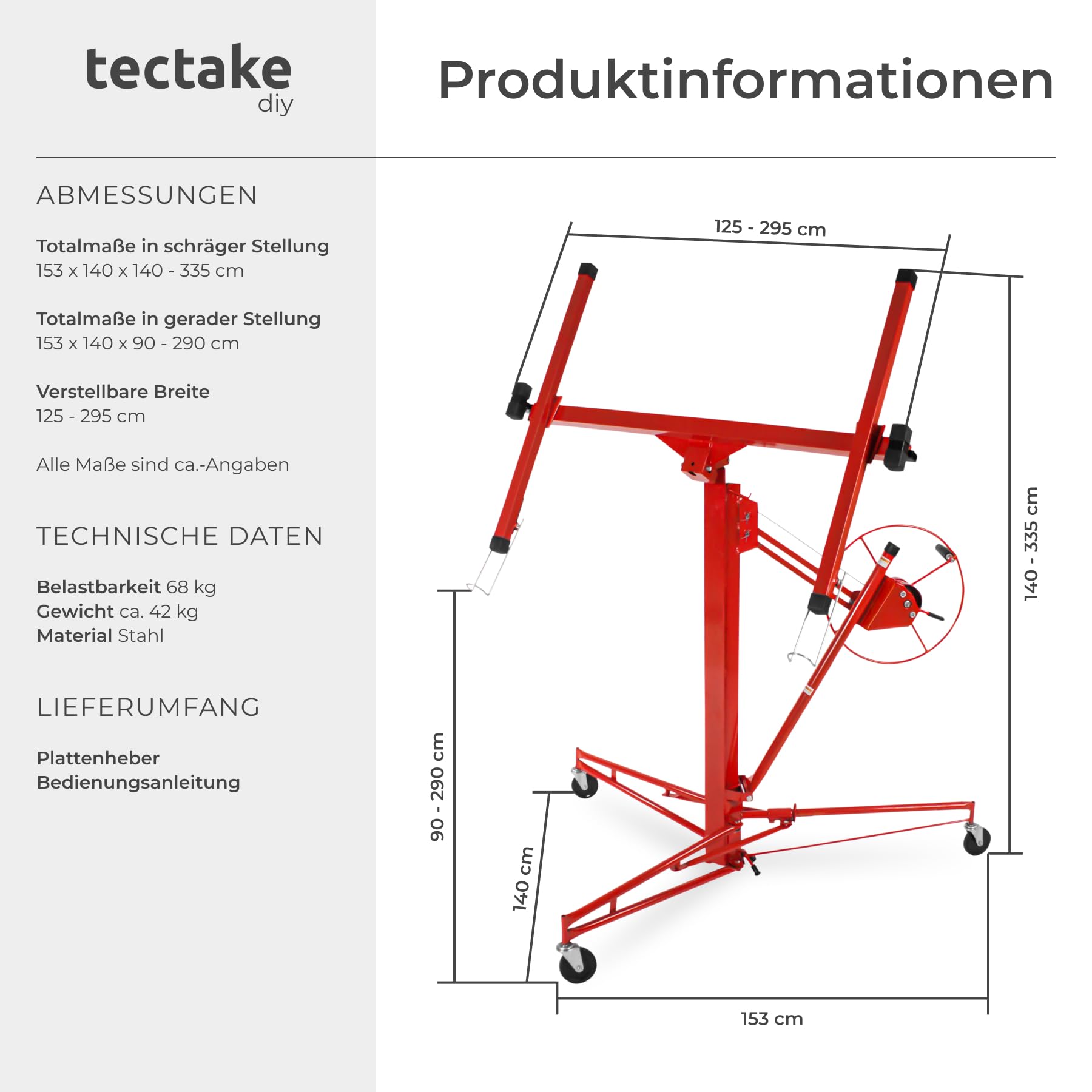 tectake® XXL Plattenheber Trockenbau, Rigips Werkzeug für Innenausbau, Heber für Rigipsplatten u.a. Platten, Hebevorrichtung für Paneele, Hebewerkzeug für Türen, Lastenheber