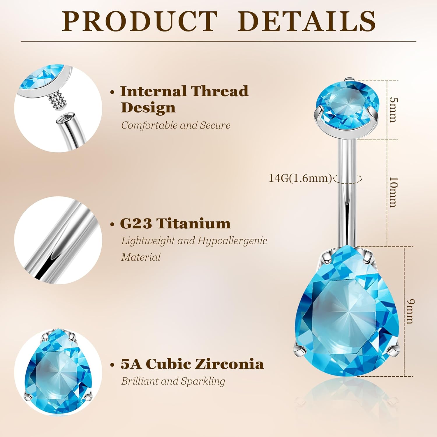 14G G23 Pure Titanium Belly Button Ring for Women Internally Threaded Belly Ring Teardrop Navel Ring CZ Belly Button Piercing Jewelry 10MM - Image 2