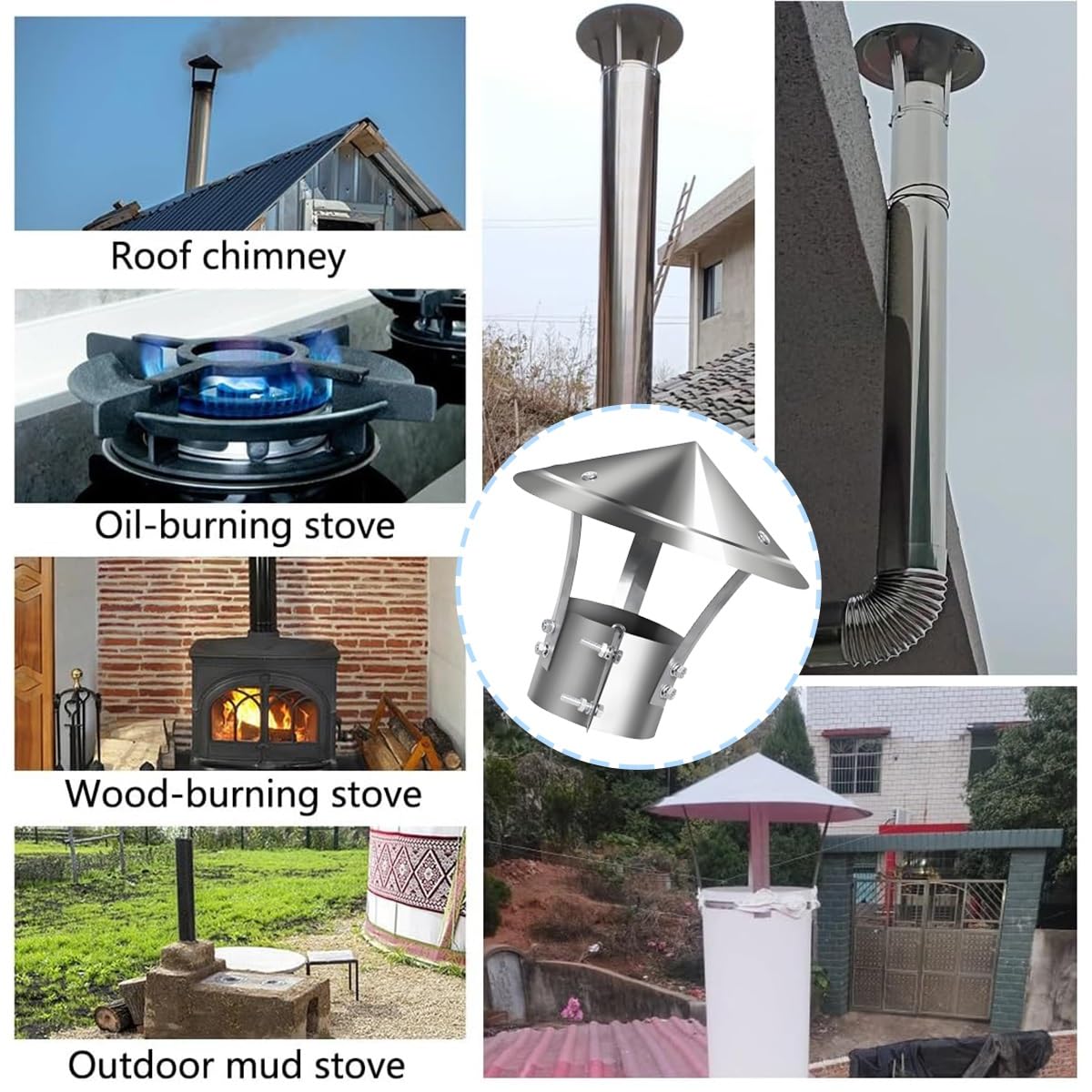 Comignolo rotondo, acciaio inox Cappello per camino, camino Impermeabile alla pioggia copertura, Cappucci per sfiato del tetto Ventilazione ombrello cappello per esterno, Wood/Oil Stove sfiato, Arge