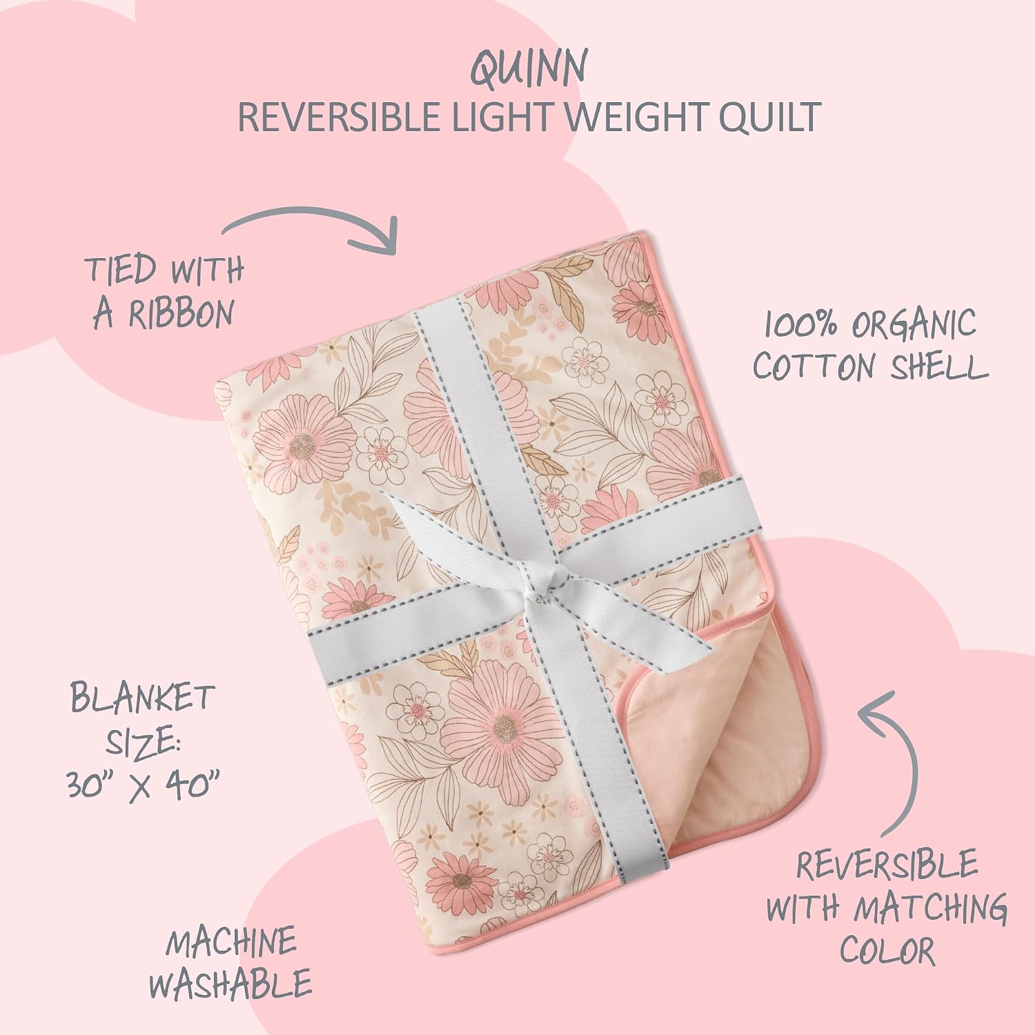 Butterblu Quinn Reversible Light Weight Quilted Blanket 30” X 40” for Newborn Girls, Boys, Unisex​, Pretty Petals, One Size