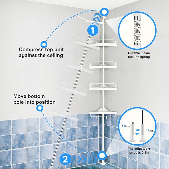 HAMITOR Corner Shower Caddy, Shower Tension Pole Caddy Stainless Steel with 4-Tier Adjustable Shelves & Rustproof Shower Organizer Corner for Bathroom, New Concept Non-Slip Silicone Mat