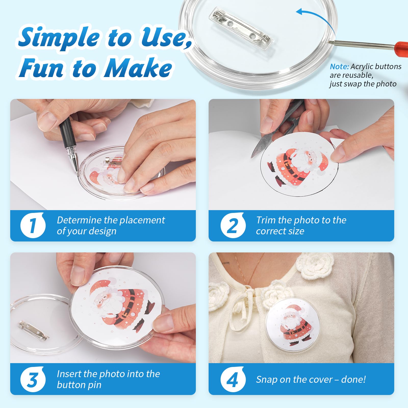 20 Stück 5,7 cm klare Knopfnadeln – DIY-Foto-Knopf zum Zusammenstecken ohne Maschine – wiederverwendbare Acryl-Blanko-Abzeichen-Anstecknadeln für Geburtstagsparty, Schulprojekte und Partys