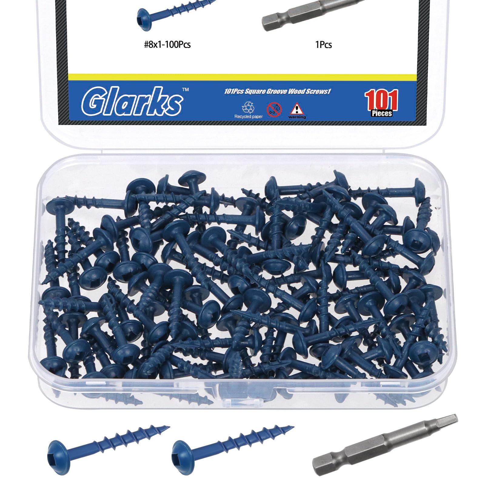 Glarks 100pcs #8 x 1’’ Pocket Hole Screws with Square Drill Bit Kit, Blue Coated Square Drive Wood Screws, Washer Head Coarse Thread Screw for Woodworking, Furniture