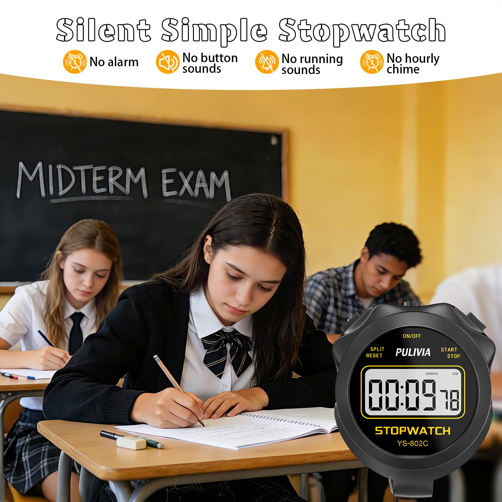 Cronometro Sportivo con Pulsante Silenzioso e ON/OFF, Senza Orologio né Calendario per un Facile Utilizzo, Cronometro Digitale PULIVIA per Bambini, Allenatori, Allenamento e Corsa, Nero