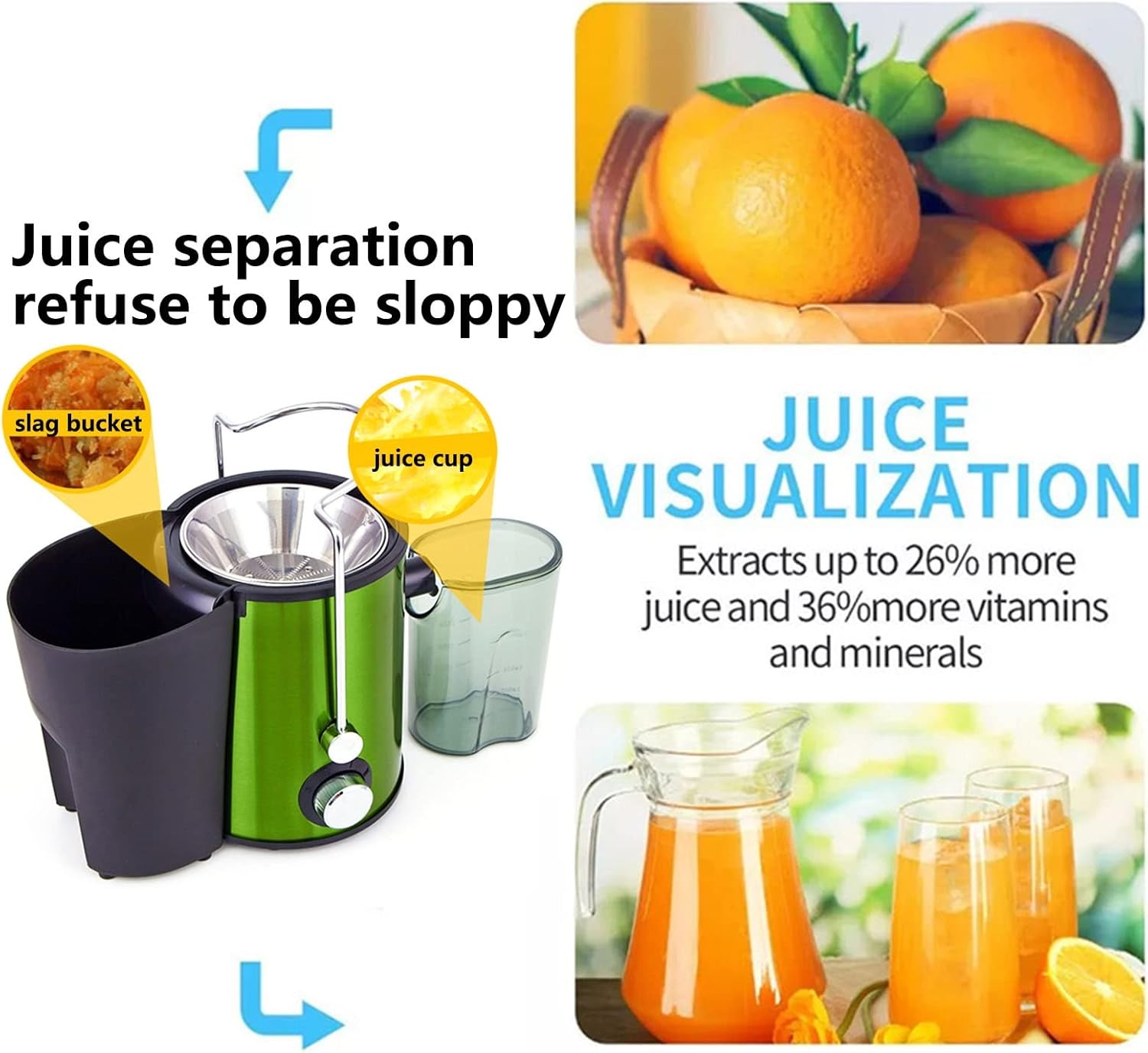 Slow Masticating Juicer Extractor Wide Mouth Cold Press Juicing Machine Dual Speed Fresh Vegetable and Fruit Juicer Extractor Stainless Steel Anti-Oxidation High Juice Yield (Color, Green