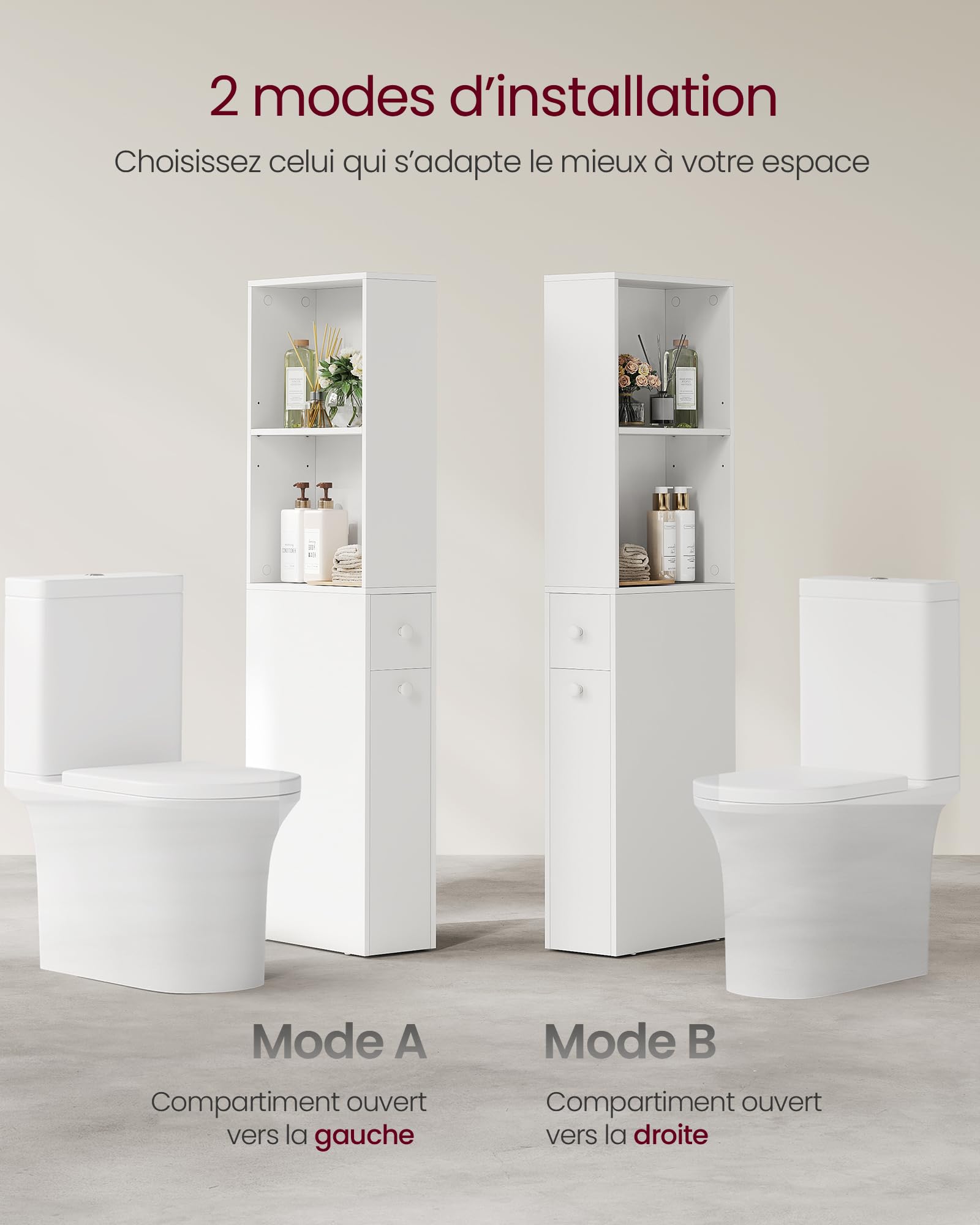 VASAGLE Meuble de Salle de Bain Haut, Colonne avec Tiroirs et Étagère Réglable, Armoire, Blanc Classique