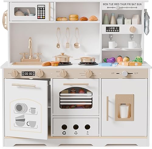 Miniatura 8 de Juego de cocina de 35.8 pulgadas para niños, cocina de juguete para niños pequeños, juego de cocina de madera 23 en 1 para niños con alimentos de