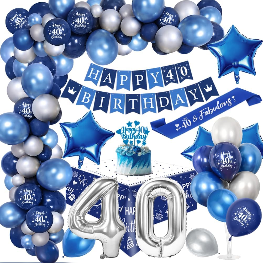 40. Geburtstagdeko M n 40 Jahre Blau Silber Balloon Arch Kit mit Happy Birthday Banner Cake Topper Tischdecke Geburtstag Sash Gro e Anzahl 40 Ballon Chrom Blau Silber Luftballons