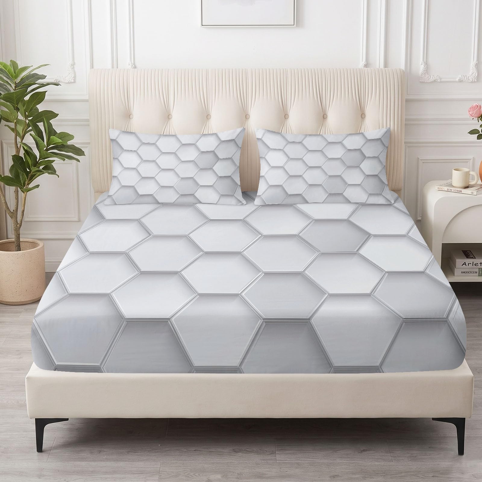 Prześcieradło z gumką na łóżko Super King 180 x 200 cm, super miękkie, oddychające, łatwe w pielęgnacji – nowoczesne prześcieradło 3D, kieszeń o głębokości 30 cm, szare, geometryczne, sześciokątne, o