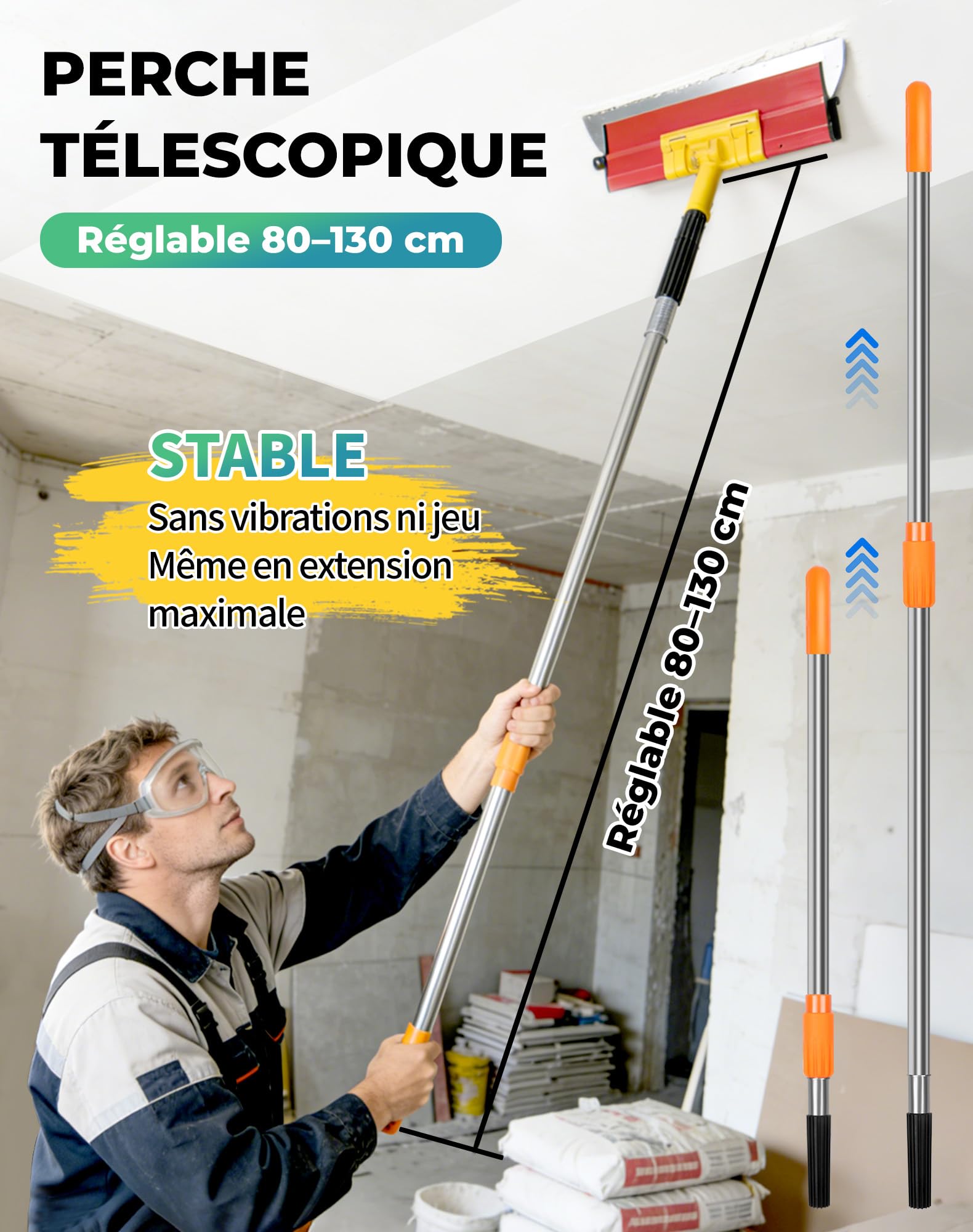 4x Spatule Enduit Lissage Set lisseuse enduit 80cm 60cm 40cm 25cm Couteau a Enduire Lame a Lisser Enduit avec Perche Télescopique 80-130cm Inox Outil Lissage