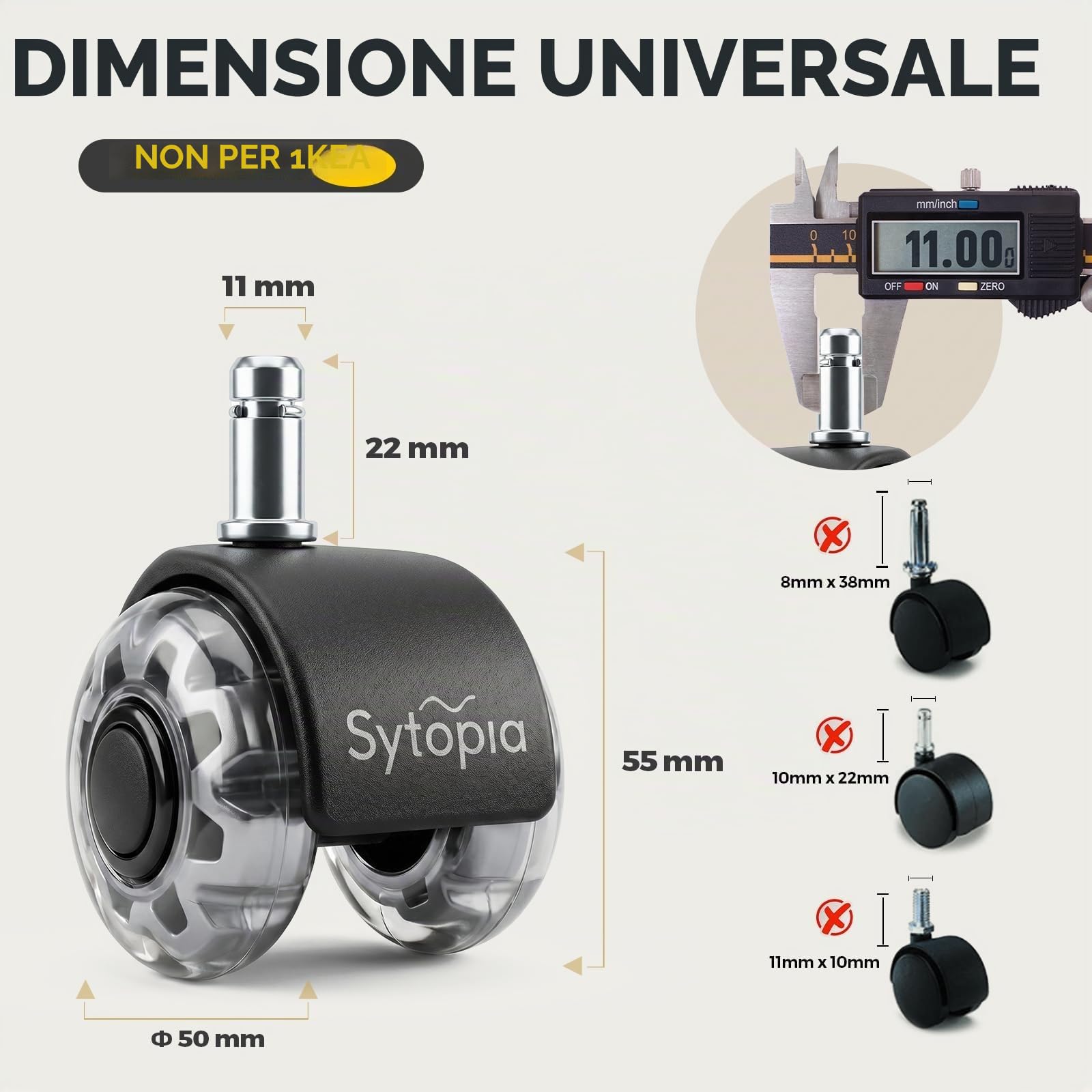 Sytopia Set di 5 ruote per sedia da ufficio, 11 x 22 mm, super silenziose e morbide, per pavimenti duri, parquet, moquette, laminato, non richiede tappetino protettivo per pavimento (non adatto per