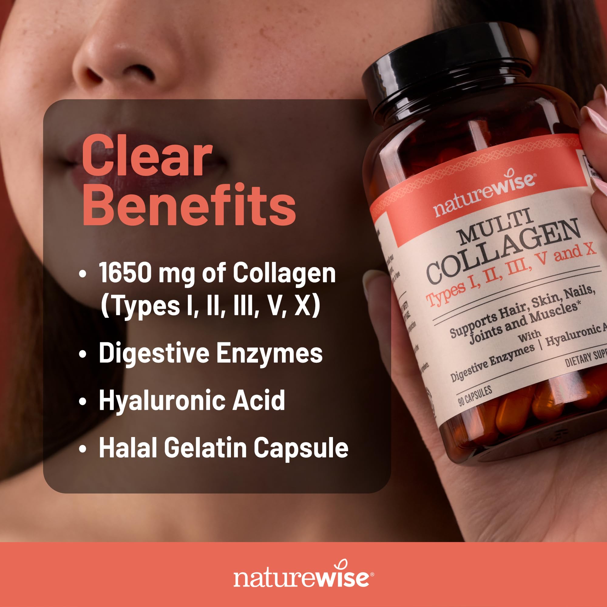 NatureWise Multi Collagen Peptides Pills for Women & Men - Type I, II, III, V, X w/Hyaluronic Acid - Supports Skin, Hair, Joint Health* - Grass Fed, Gluten Free, Non-GMO - 90 Capsules[30 Day Supply] — Amazon image 3