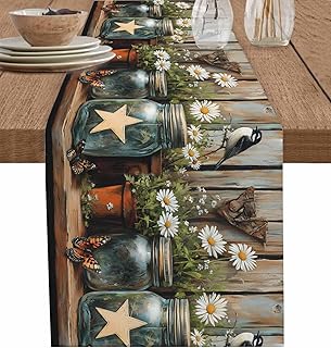 Country Floral Cotton Linen Table Runners 13"x70", Western Texas Stars Butterfly Barn Door Coffee Table Runner Dresser Scarves Luxury Table Runners for Wedding Party Banquet Dinner