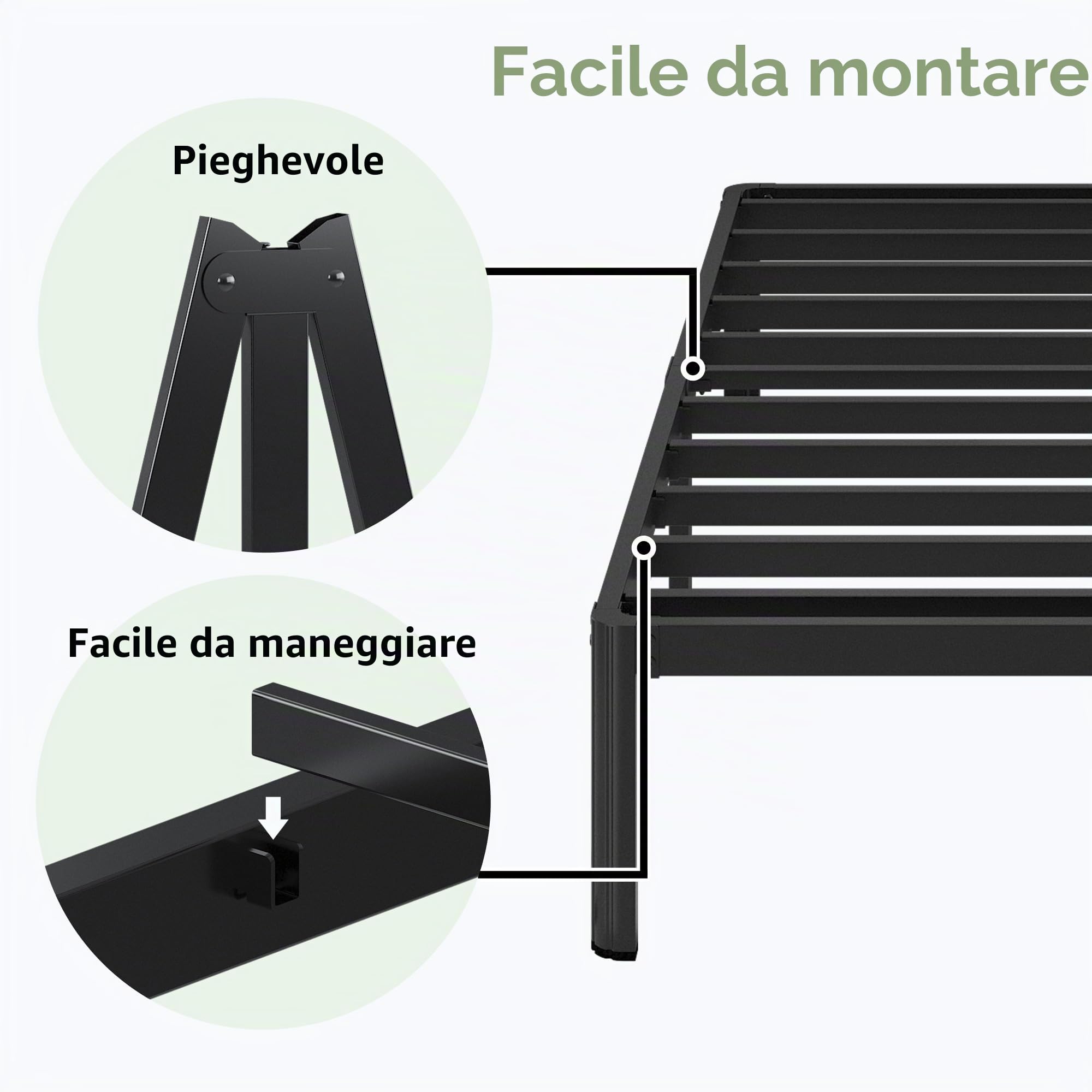 Lutown-Teen Letto 120x190 cm con Rete a Doghe, Struttura Letto Alta 30 cm con Gambe ad Angolo Curvo, Rete una Piazza e Mezza in Ferro, Spazio Aggiuntivo Sotto, Montaggio Facile, Silenzioso, Nero