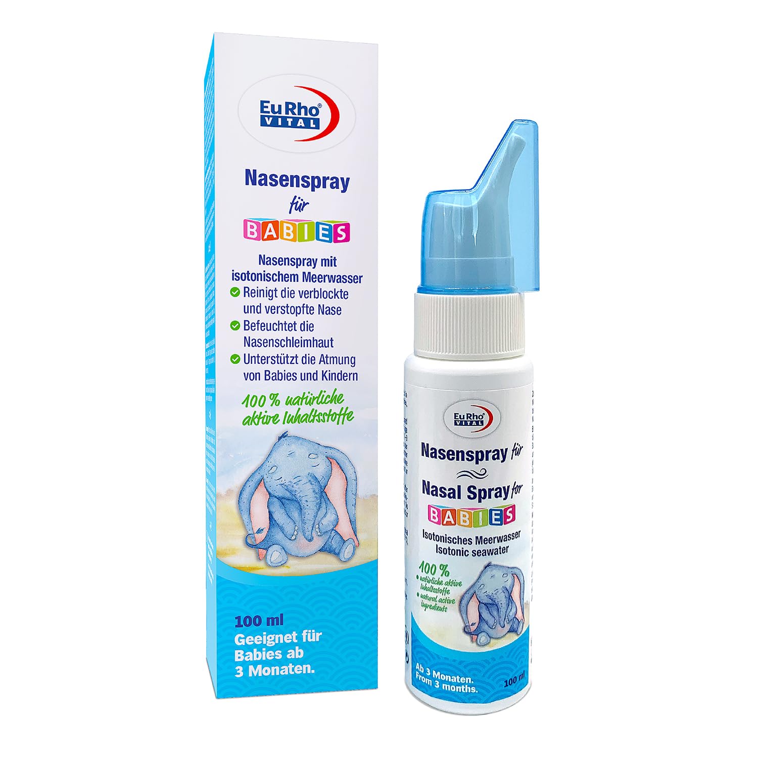 EuRho® Vital Nasenspray für Babies ab 3 Monaten | Mit 100 ml isotonischem Meerwasser | Reinigt und befeuchtet die Nase | Unterstützt die Atmung | 100% natürliche Inhaltsstoffe