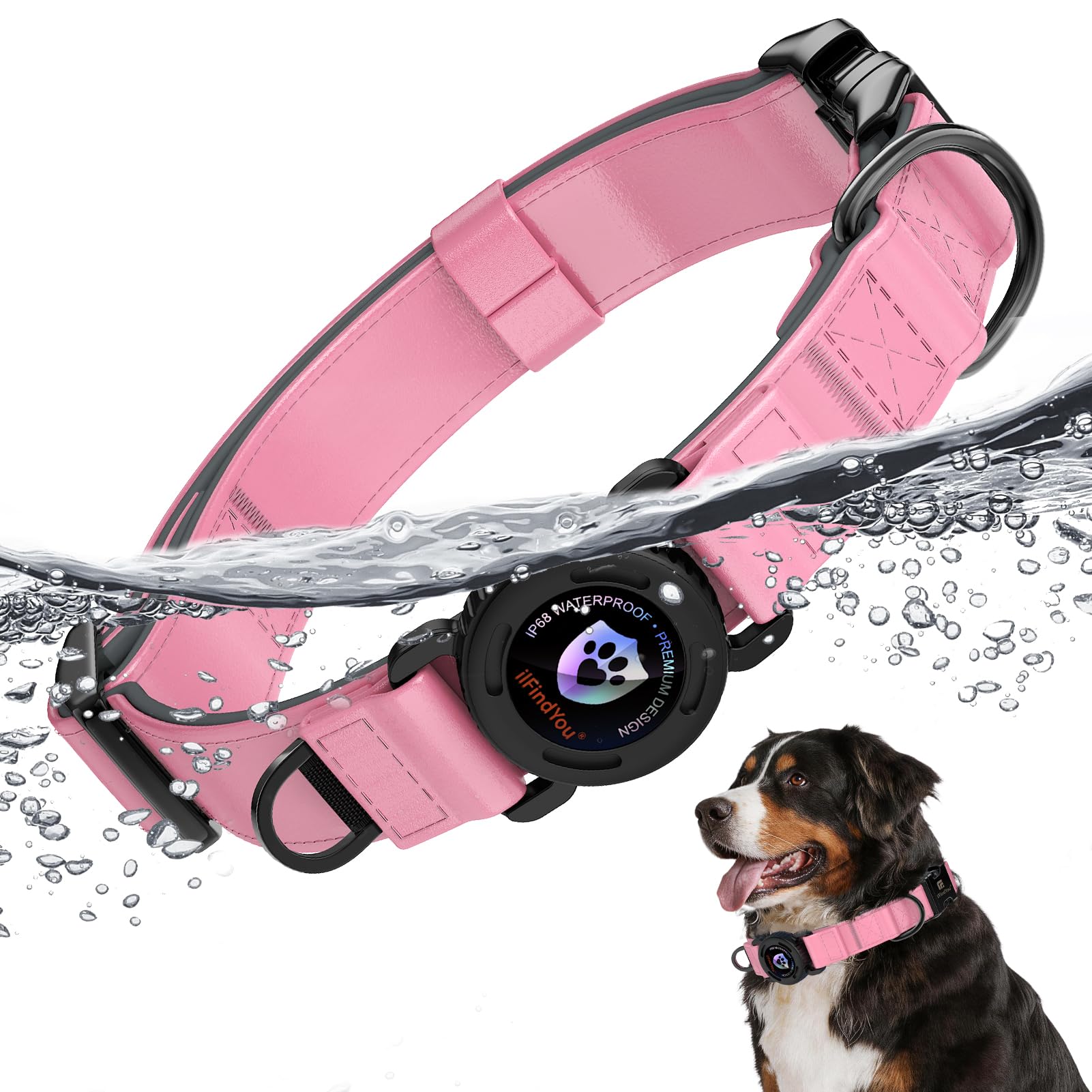 iFindYou Collier pour chien AirTag en cuir étanche IP68 avec boucle en métal et support AirTag verrouillable, très résistant et réglable pour chiens de petite, moyenne et grande taille (rose, taille M