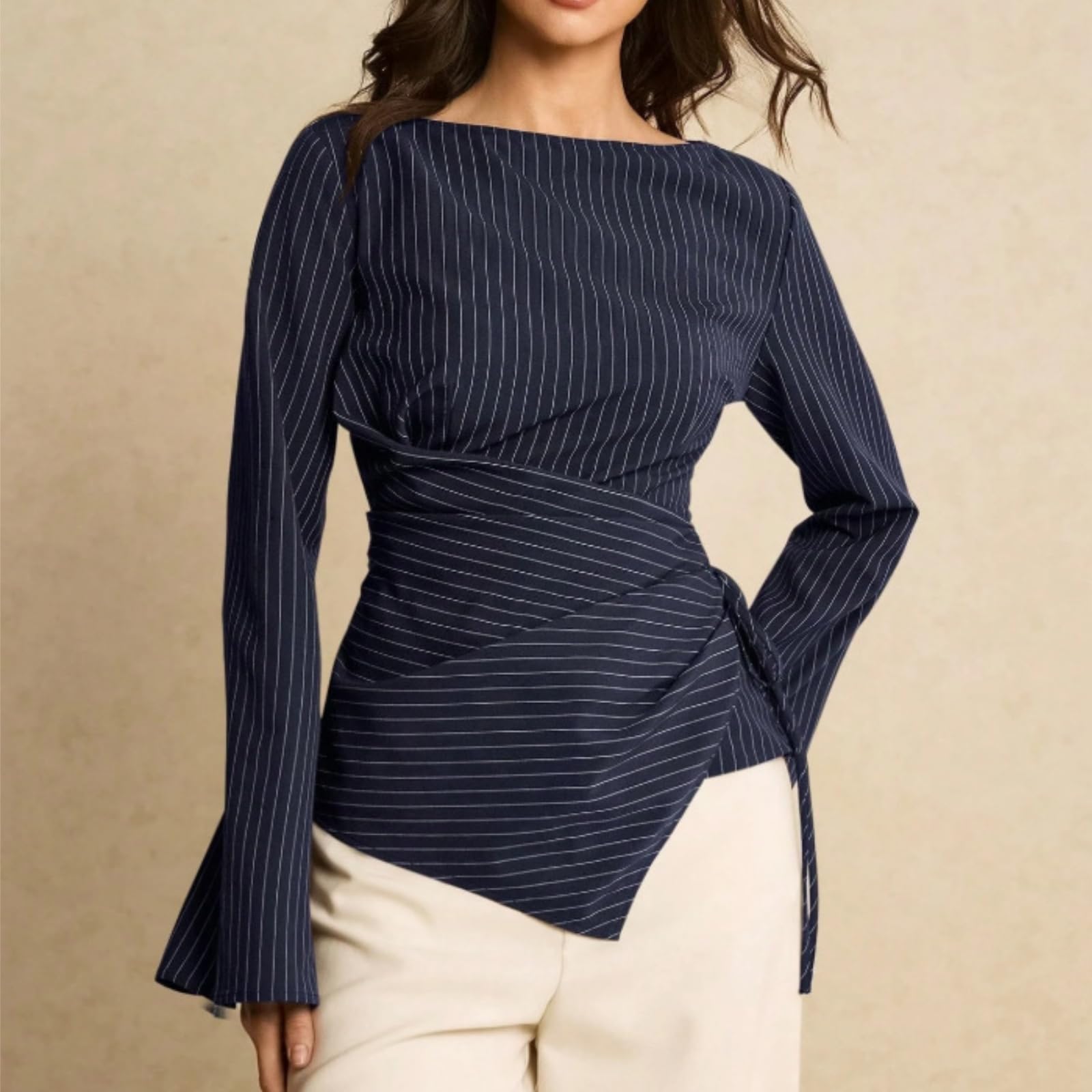Blusas de mujer con escote barco manga trompeta y detalle anudado | Cuello barco cintura entallado dobladillo asimétrico enlace de ajuste lateral ajustable estilo casual de negocios para el día