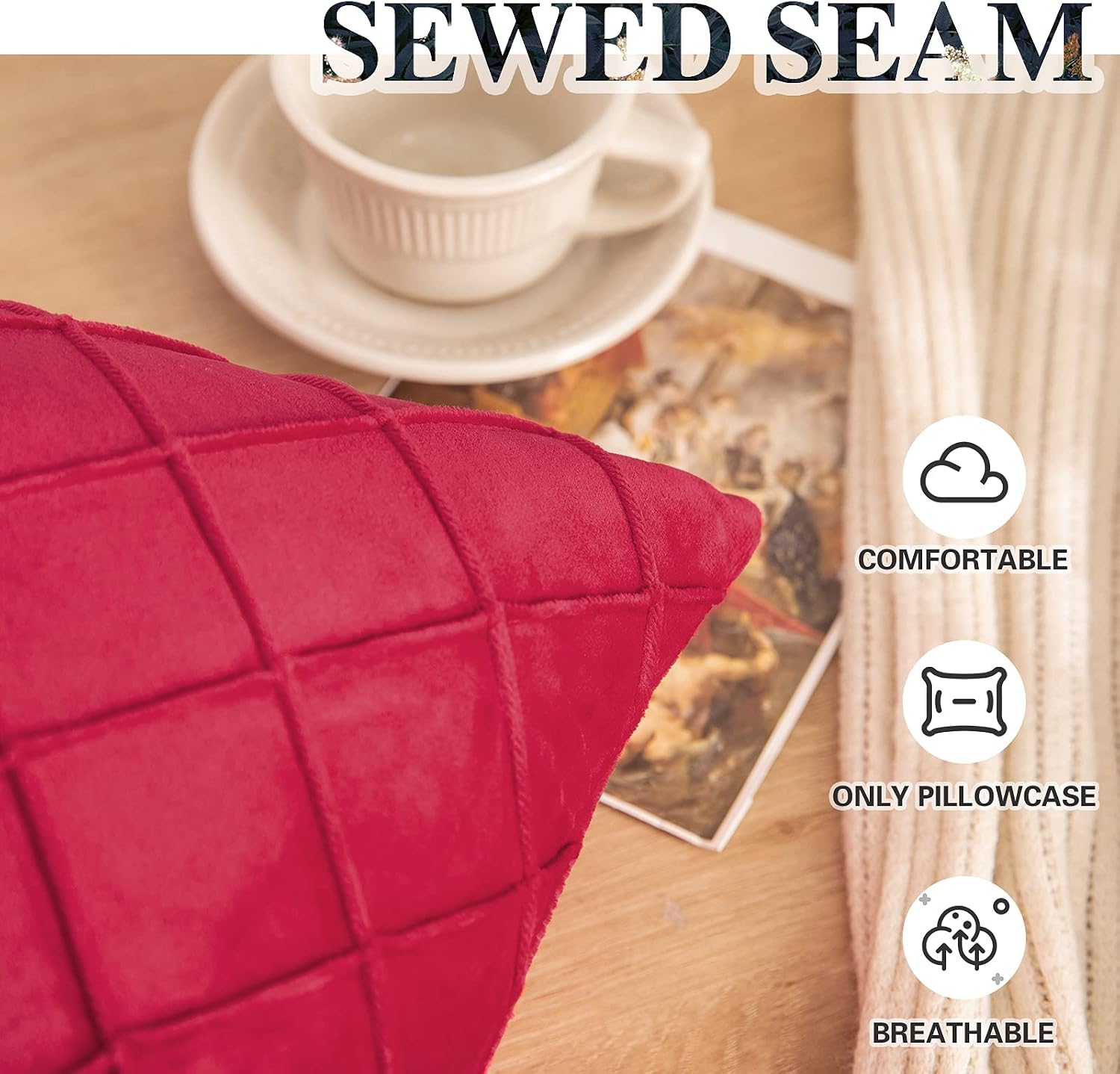 NEERYO Velvet Red Throw Pillows Sofa Decorative Throw Pillow Covers 18x18 for Couch Bedroom Car Living Room Outdoors Set of 2 Square Soft Solid Plaid Cushion Covers
