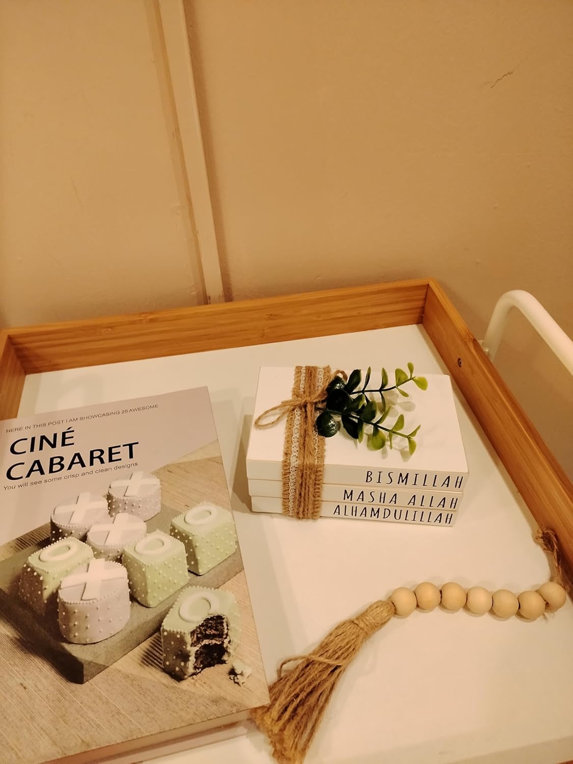 Dazingart Large Islamic Wooden Book Stack, Bismillah MashaAllah Alhamdulillah, Farmhouse Eid Ramadan Mubarak Tiered Tray Decor, Ramadan Decorations With Wood Bead Tassels Muslim Table Decor - Image 4