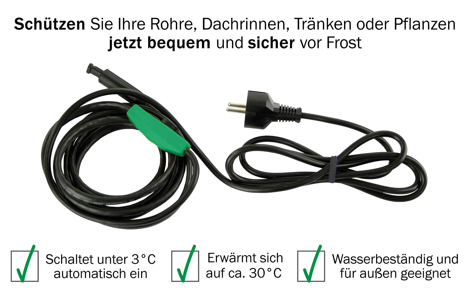 Frostschutz Heizkabel mit Knopf-Thermostat, Pflanzen-Heizung, 8m, 128 Watt, 230V, wasserdichte Heizleitung für Rohre und Pflanzen, Rohrbegleitheizung