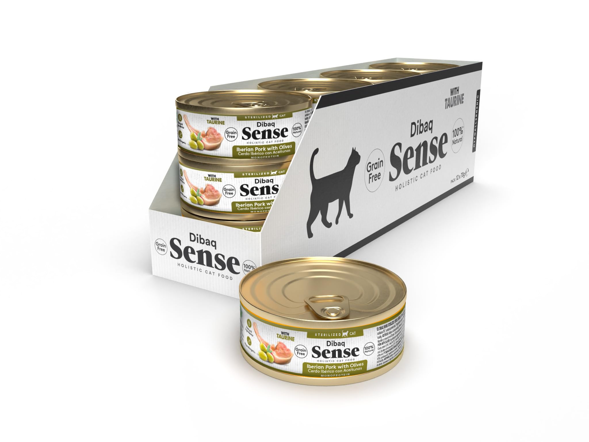 Dibaq Sense Cat: Comida húmeda gatos, esterilizado, Cerdo ibérico con Aceitunas, sin Cereales. Pack de 70 g x 12 uds