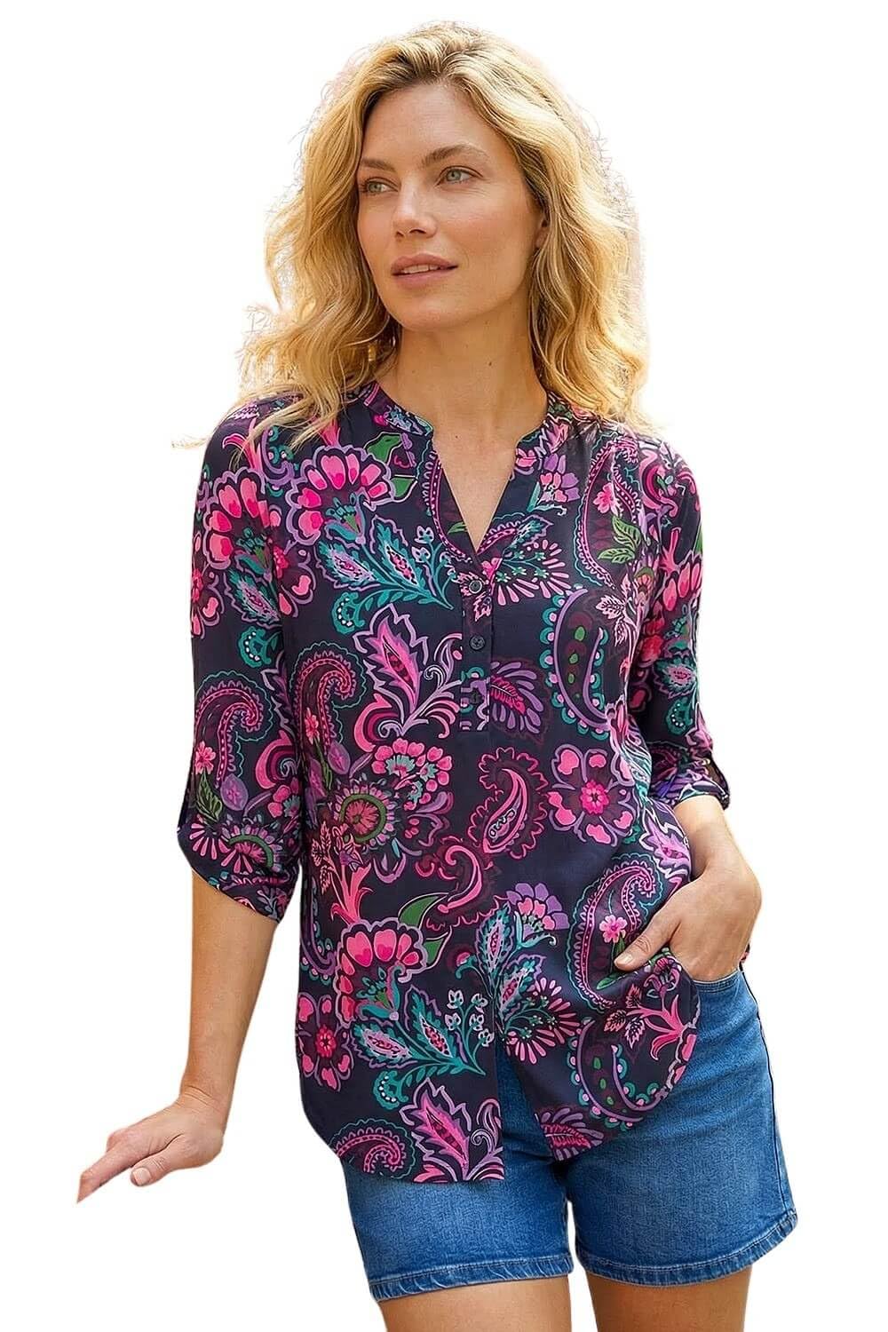 Roman Originals Women's Paisley Pink Roman Shirt For Uk Top Collarless Blouse Stretchy Tunic Smart Casual Autumn Winter Jersey 3/4 Length Sleeve Notch V Neck Flattering Office Work - Size 18
