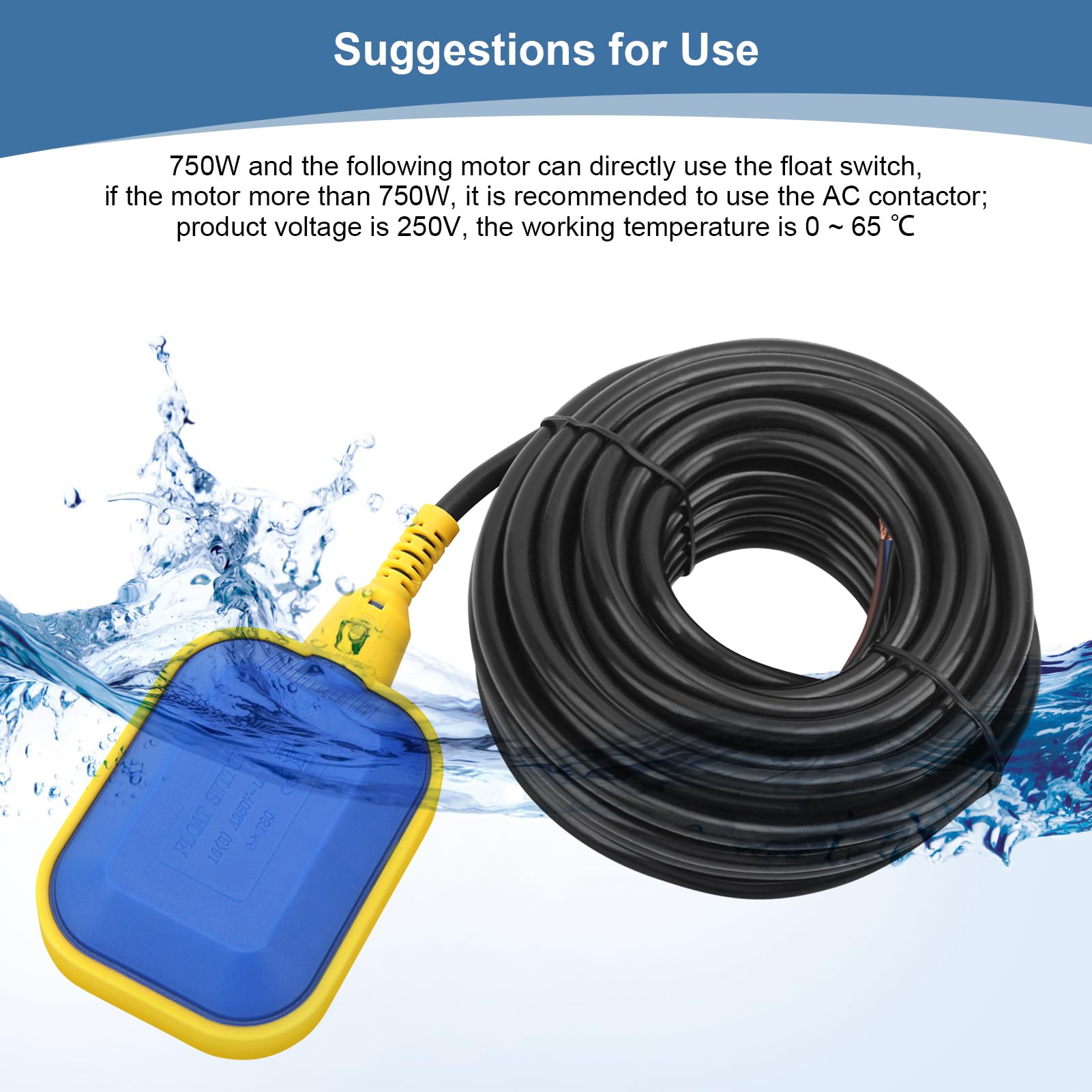 Schwimmschalter, 250 V Wasserstandsregler, Rechteckiger Schwimmerschalter, Wasserstandssensorschalter mit 10 M Kabel für Elektrische Pumpe, Wassertank