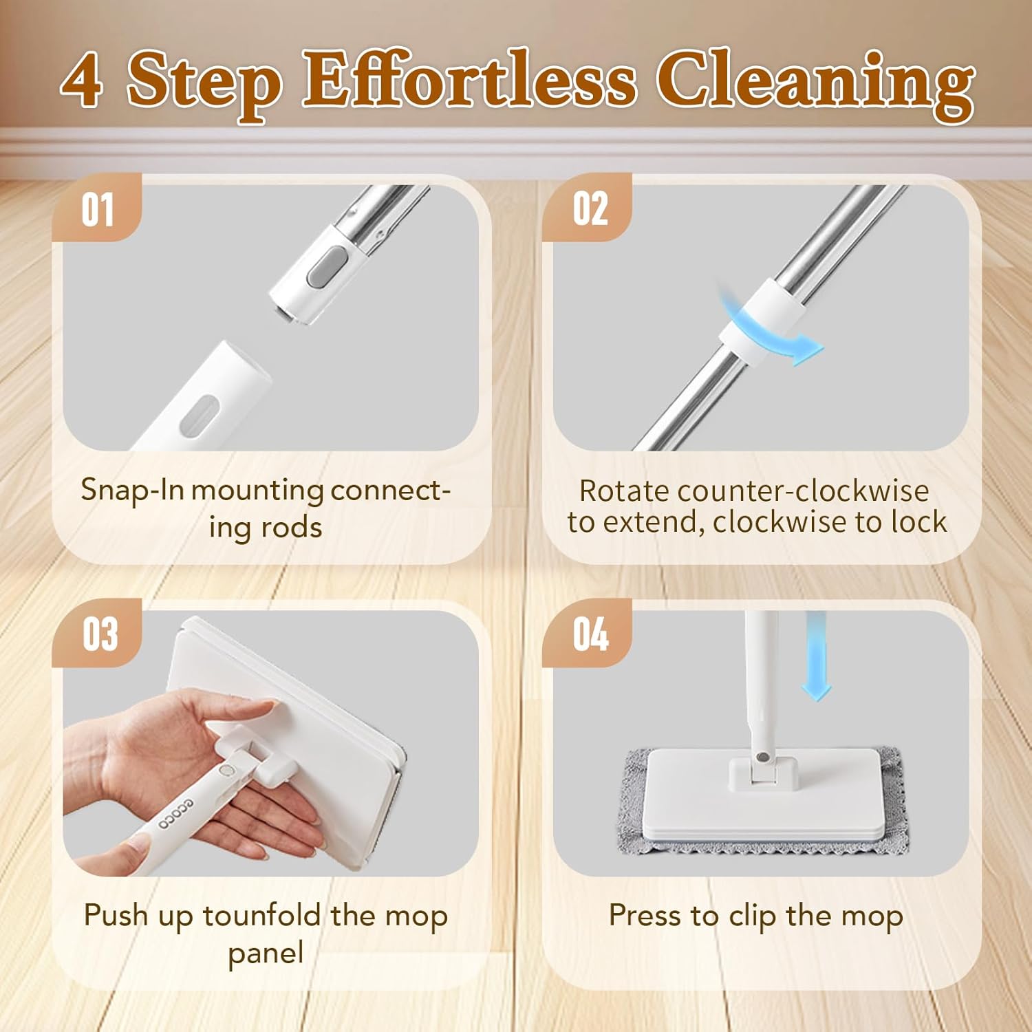 Snap Grip Mini Mop for Disposable Face Towel, Zero-Touch Attach & Remove Minimop, Extendable Lazy Mops for Bathroom, Mirror, Wood Floor, Reusable Snapgrip Mop Works with Tiny Cloth(48")