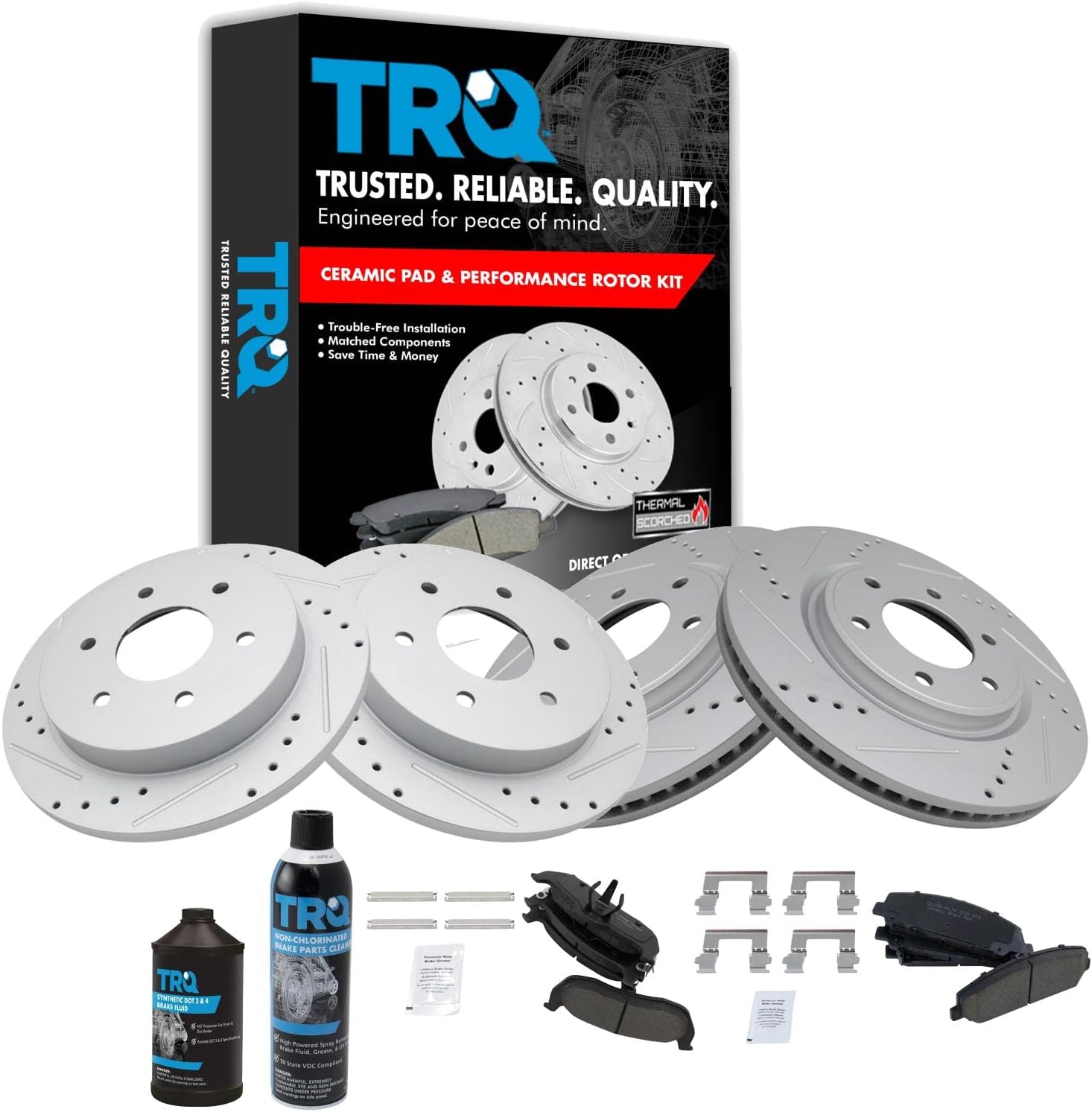 TRQ Front and Rear Performance Brake Pad & Rotor Kit Brake Chemical Kit Brake Pads Brake Rotors Set Ceramic Premium G-Coated Compatible with 2008-2010 INFINITI QX56 2008-2011 Nissan Armada TITAN