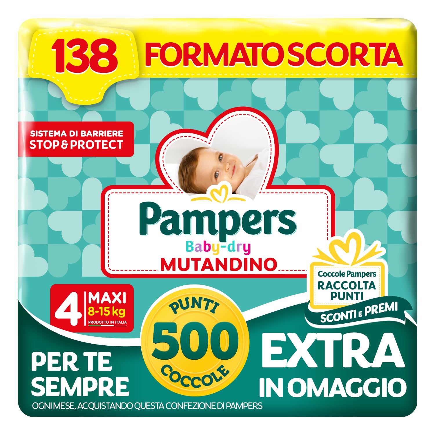 Pampers Baby Dry Mutandino Maxi, Taglia 4 (8-15 kg), Formato Scorta, Barriera Stop&Protect, Anti-Fuoriuscite, Fascia Elastica, Asciutto 12h, Cambio Facile, 138 Pannolini Bambino + 500 Punti Omaggio