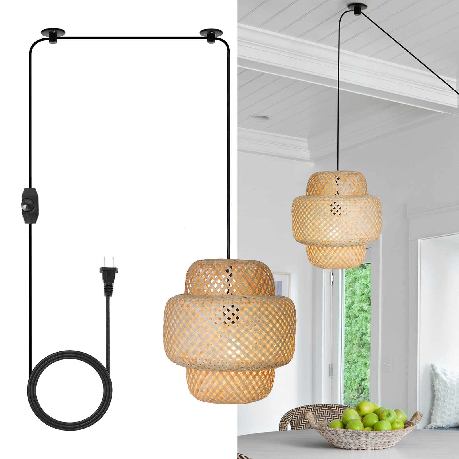 HuisMier Plug-in Boho Pendant Light with Dimmer Switch
