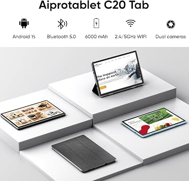 aiprotablet Tablet 10 inch Android 15 Tablets, 12GB RAM 64GB ROM 1TB Expand, Quad-Core Processor, 1280x800 LCD Touch Screen, WiFi 5, Dual Camera, BT5.0, 6000mAh Battery (Black)