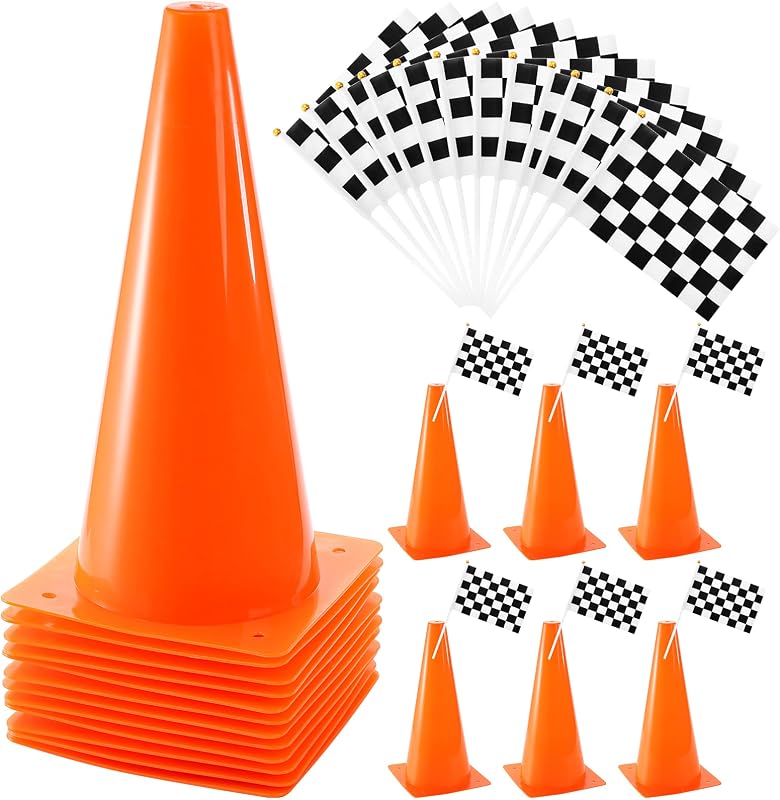 Bekith 12 Pack 12.5 Inch Plastic Traffic Cones with Racing Chequered Flags, Orange Agility Sports Cones, Thick Soccer Training Cones for Outdoor Activity, Festive Events, Fitness Training
