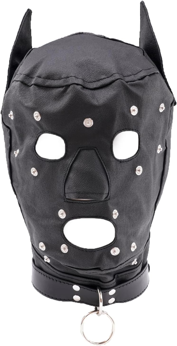 Leather Dog Costume Mask with Detachable Blindfolds and Mouth, Animal Costume Mask for Halloween Masquerade Party