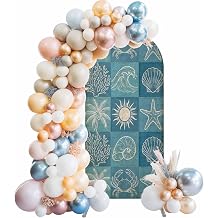 Blue Coastal Arch Backdrop Cover 5 FT Summer Ocean Waves Shell Crab Coconut Tree Retro Stretchy Elastic Arch Stand Covers Spandex Arched Background Birthday Wedding Party Decoration No Stand