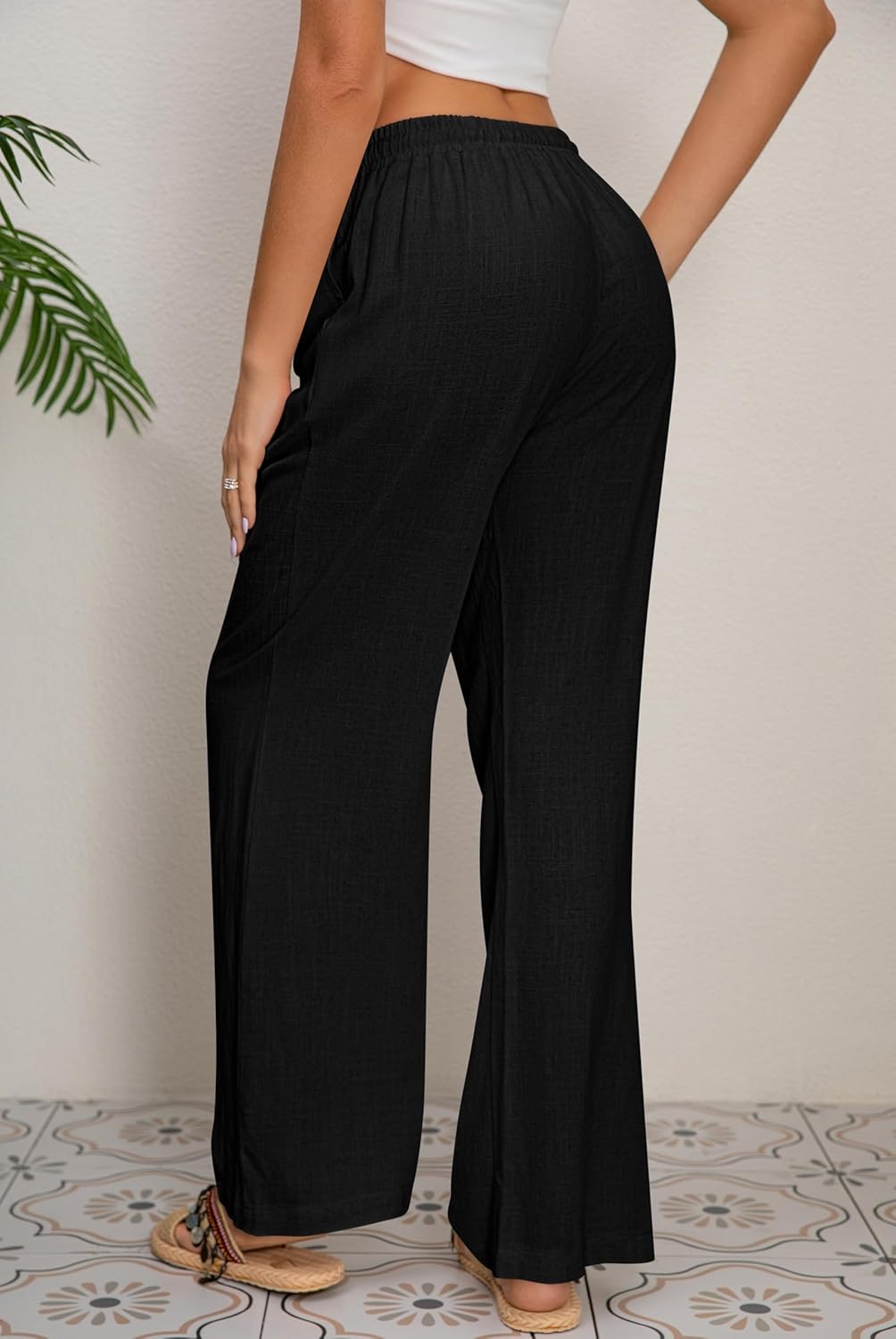 AISEW Women's Cotton Linen Palazzo Pants Drawstring Elastic Waist Casual Wide Leg Long Lounge Trousers with Pockets - Image 2