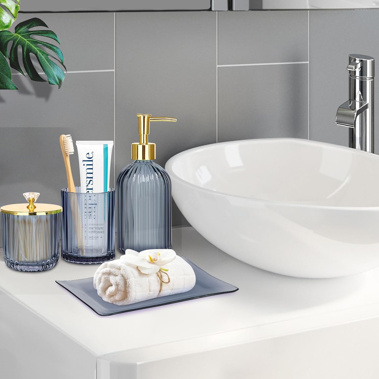 Haturi Bathroom Accessories Set, 4 Pcs Blue Glass Bathroom Accessories Sets Complete w/Lotion Soap Dispenser, Toothbrush Holder, Apothecary Jar, Vanity Tray, Bathroom Decor, Gift for Home Apartment