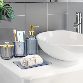 Haturi Glass Bathroom Accessories Set, Blue Bathroom Set, 4 Pcs | Kit w/ Bathroom Soap Dispenser Set, Toothbrush Holder, Qtip Holder, Vanity Tray, Blue Bathroom Decor, Gift for Home Apartment