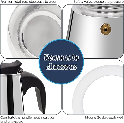 Miniatura 7 de Olla de acero inoxidable para 2 tazas de café expreso italiano de 3.4 fl oz, cafetera para estufa, cafetera de moca, para estufa de inducción,