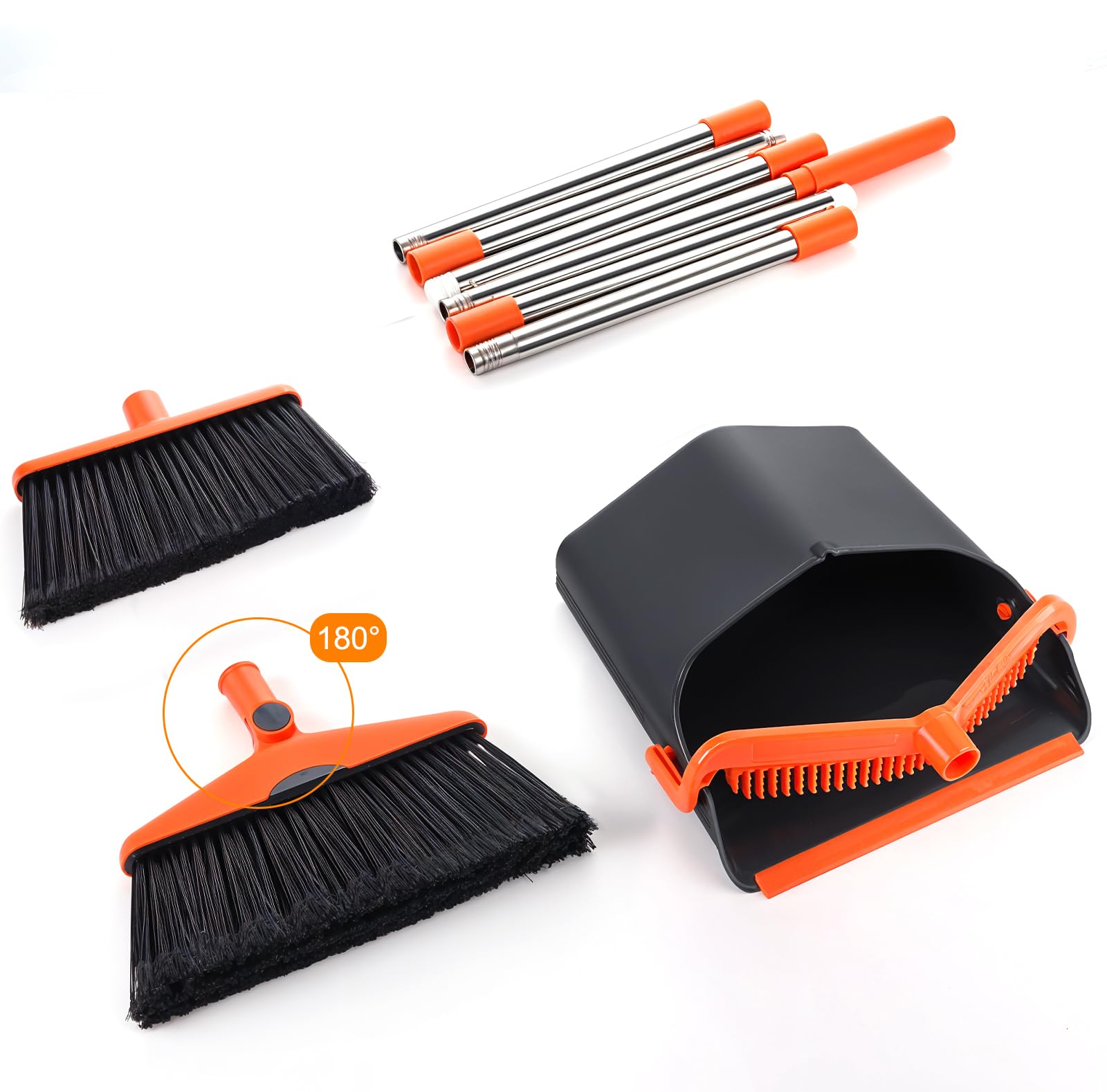 2-In-1 Besen und Kehrschaufel Set mit 130cm Verstellbarem Langem Stiel, Kehrblech mit Kammzähne Kehrbesen mit 2 Austauschbaren Besenköpfen Kehrset für Bodenreinigung