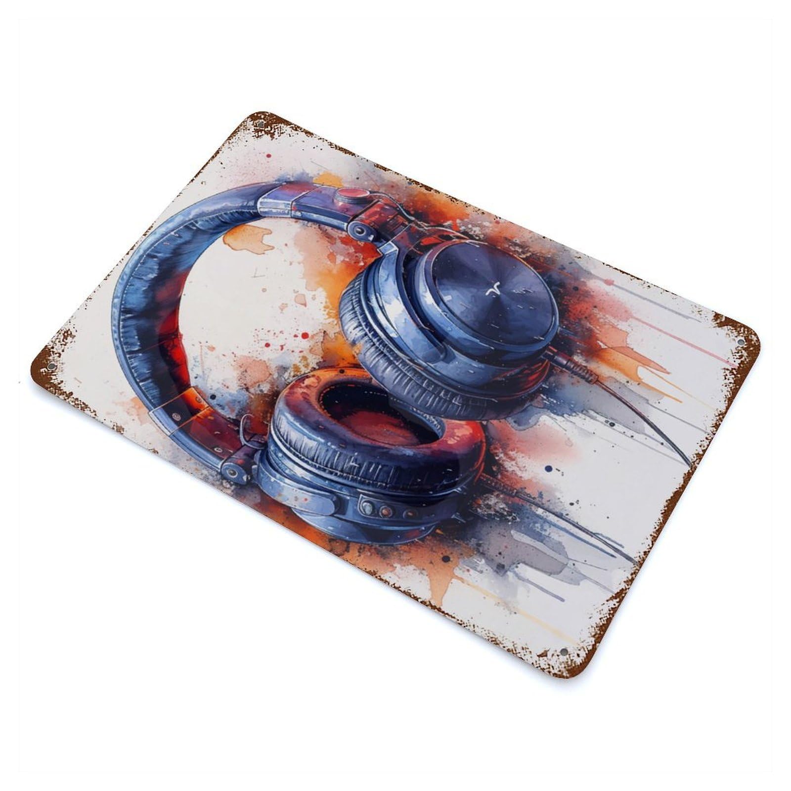 Rust Effect Headphone Watercolor Aged Metal Wall Plaque 11.8"x7.9", Farmhouse Wall Decor for Office, Studio And Wall Decor