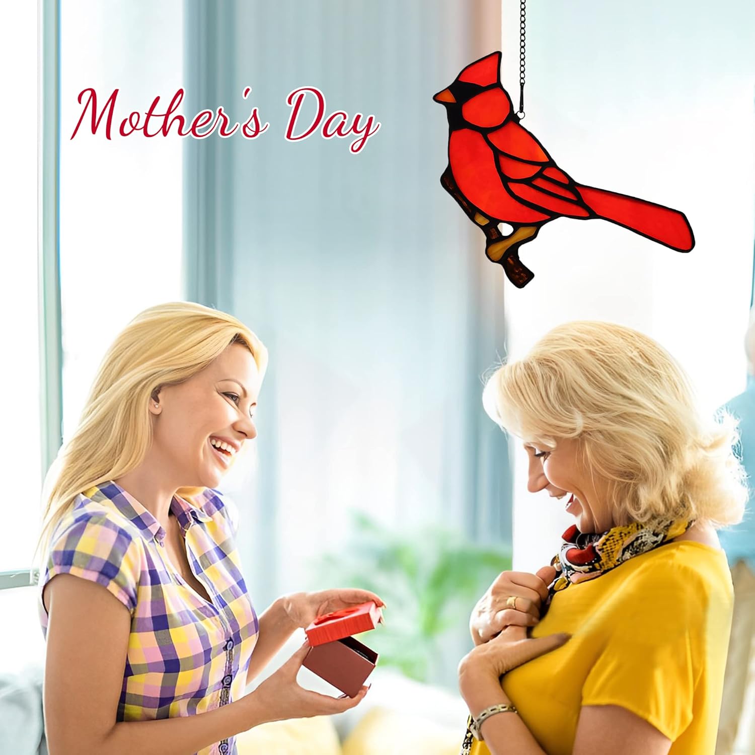 Cardinal Gifts Bird on Branch Stained Glass Window hangings,Cardinal Decor Stained Glass Bird Suncatcher Gift for Grandma Mom, Red Birds Suncatcher